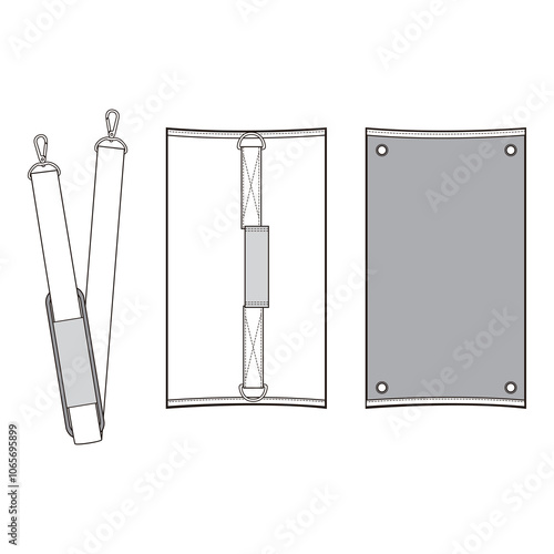 Technical illustration of adjustable strap attachments, showing front, side, and flat configurations with metal hooks.