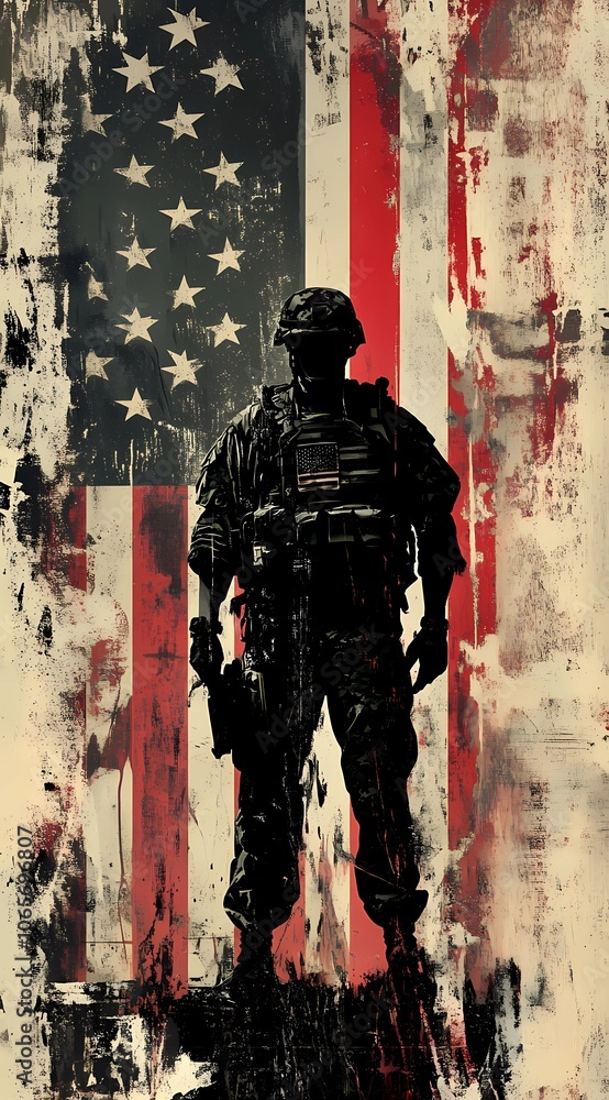 Veterans Day graphic material Patriotic American Flag and Military Memorabilia, American flag watercolor, Military boots silhouette, Soldier tribute