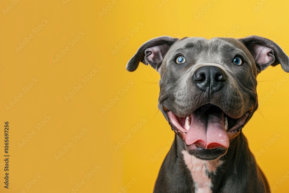 Portrait of smiling pit bull with tongue out on yellow background Portrait of smiling pit bull with tongue out on yellow background