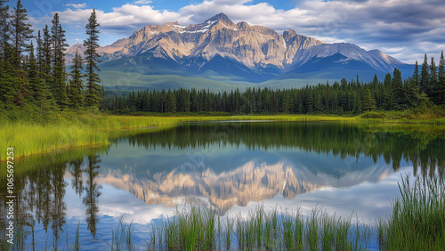 Scenic view of a serene lake reflecting mountains under a cloudy sky in the wilderness