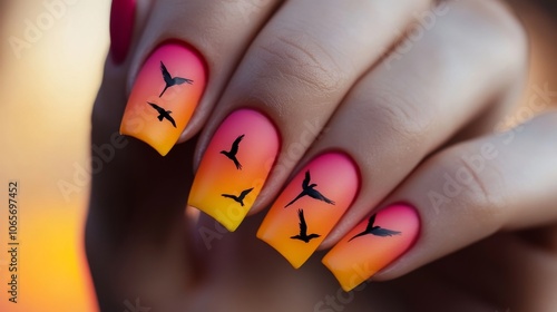 Vibrant manicure art with sunset ombre and bird silhouette for beauty and fashion design photo