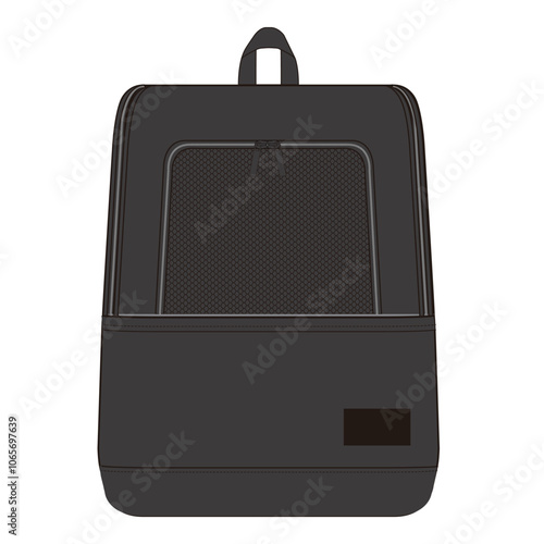 Technical Illustration of a Black Backpack with Front Mesh Pocket and Label

