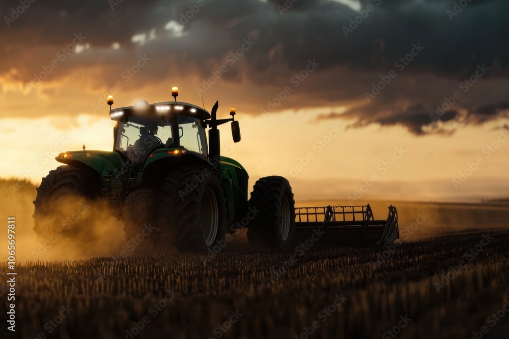 A tractor works diligently in a rural field during sunset, kicking up dust as it harvests crops under a moody sky filled with dramatic clouds A tractor works diligently in a rural field during sunset, kicking up dust as it harvests crops under a moody sky filled with dramatic clouds