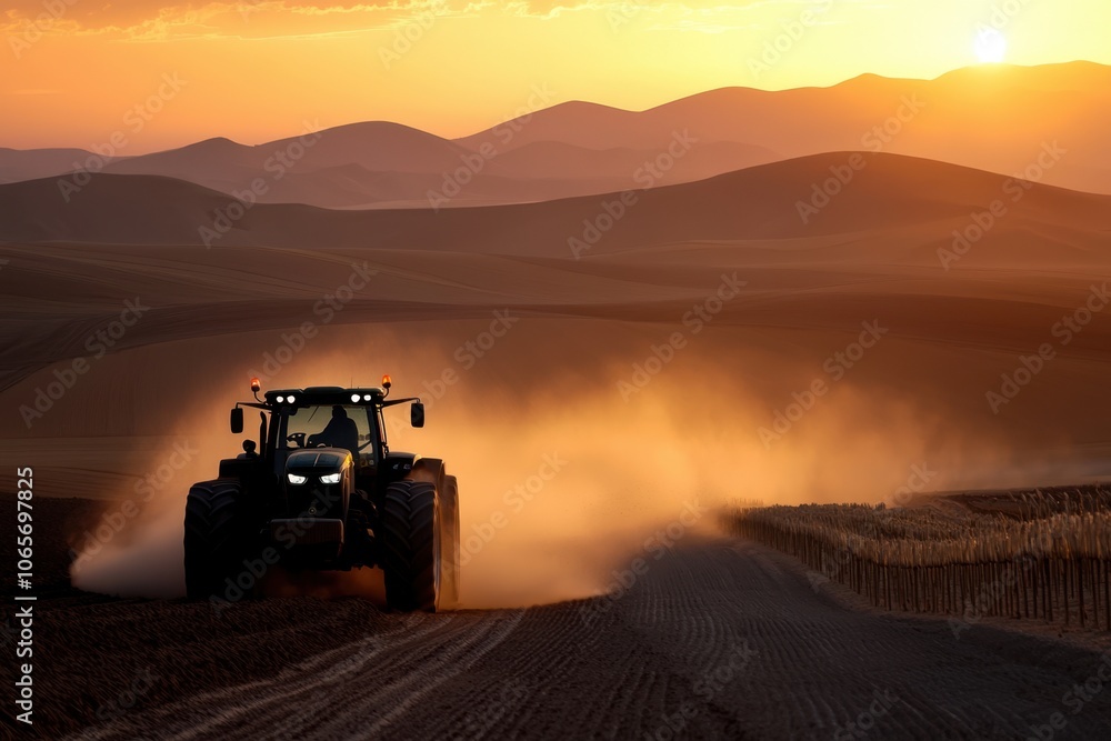 Fototapeta premium A tractor is actively plowing the fields during sunset, generating a cloud of dust as the sun dips behind rolling hills, illuminating the serene rural landscape