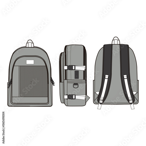 Multi-View Backpack with Front and Side Technical Drawing
