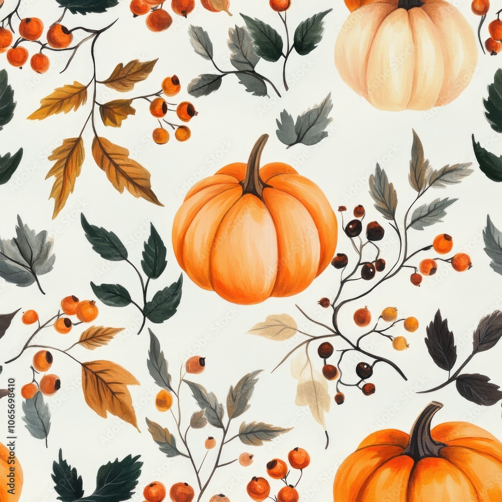Naklejka premium Autumn Harvest Watercolor Pattern with Pumpkins, Leaves, and Berries