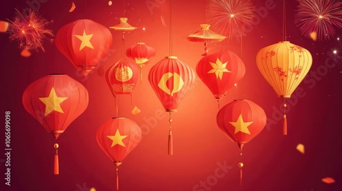 Red and Gold Lanterns with Fireworks in the Background photo