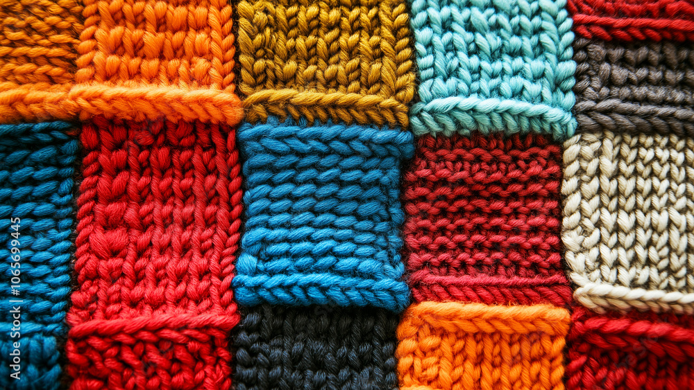 Fototapeta premium Colorful knitted patchwork blanket showcasing vibrant textures and patterns in warm hues