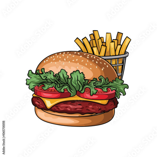 Burger with French fries vector and illustration