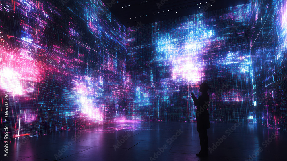 Immersive screens displaying big data analysis with silhouette Immersive screens displaying big data analysis with silhouette
