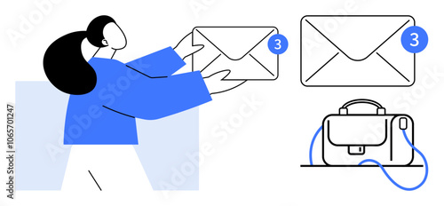 Person receiving emails with notification badges indicating new messages. Envelopes and a briefcase nearby. Ideal for business communication, email management, work correspondence, notifications