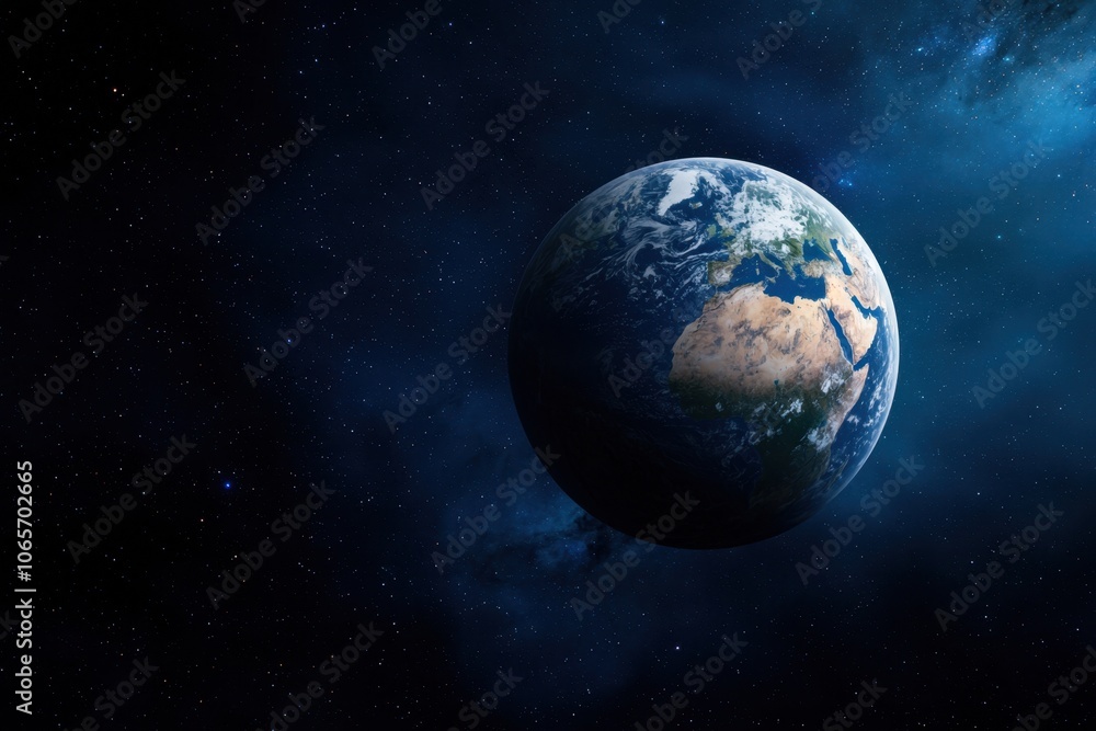 The image captures Earth as seen from space, highlighting the vibrant continents, vast oceans, and wispy clouds, all set against a backdrop of deep space and stars The image captures Earth as seen from space, highlighting the vibrant continents, vast oceans, and wispy clouds, all set against a backdrop of deep space and stars