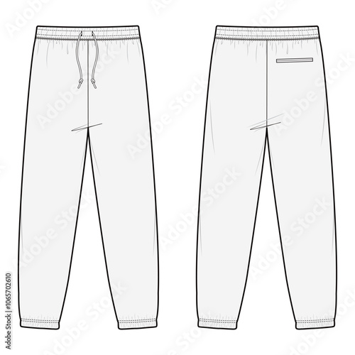 White jogger pants with drawstring and back pocket, front and back view, suitable for casual and athletic wear.

