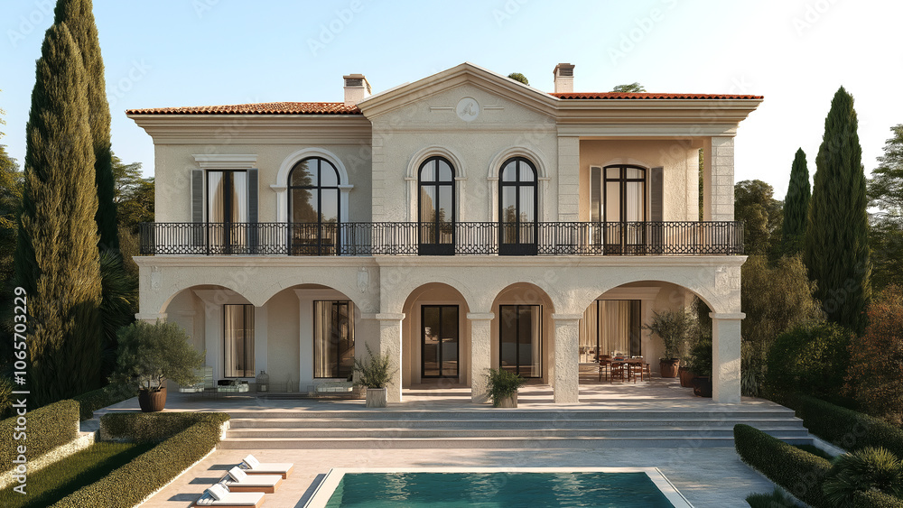 Fototapeta premium A luxurious villa featuring spacious balconies, a garden, and a swimming pool