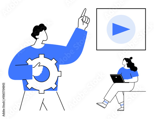 Person holding gear pointing at screen with play button, seated figure using laptop. Ideal for teamwork, digital innovation, online learning, tech tutorials, webinars, presentations, educational
