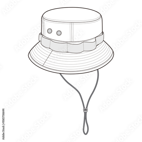 Utility Bucket Hat Technical Drawing with Adjustable Strap Detail

