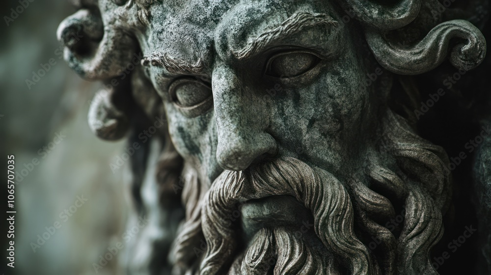 A close-up of a weathered stone sculpture depicting a bearded figure. A close-up of a weathered stone sculpture depicting a bearded figure.