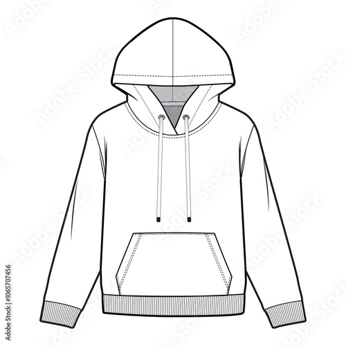 Oversized Hoodie with Drawstring and Kangaroo Pocket - Technical Drawing

