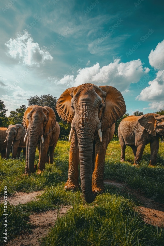 Fototapeta premium Elephants in Green Field