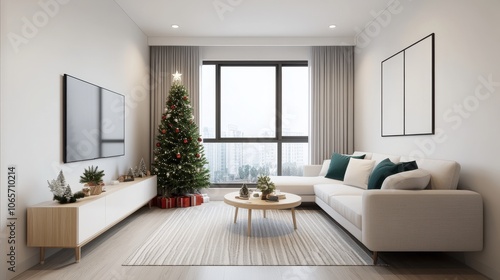 Modern Small Apartment Living Room with Christmas Tree