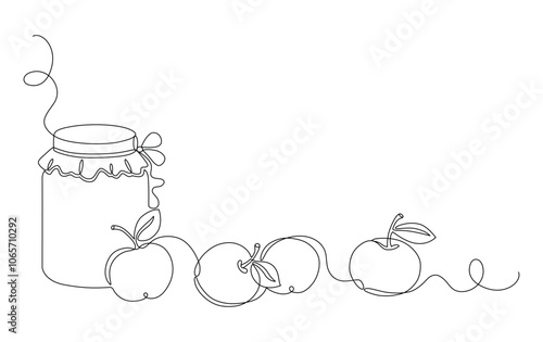 Fresh apples and jar of jam, juice, compote, concept of fruit canning, drawn with a continuous line in minimalist style, single line, editable vector contour.