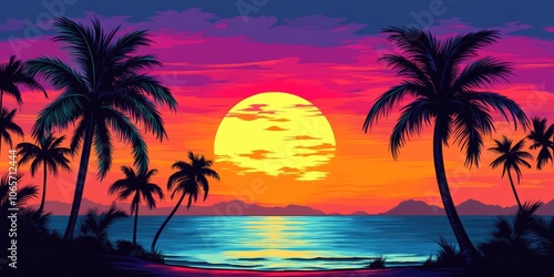 Tropical Sunset: Serene Palm Trees Silhouette by the Ocean under an Orange and Red Sky