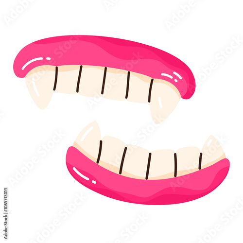 Gummy vampire teeth. Fruity chewy jelly fangs candy. Tasty gelatin snack. Halloween treats concept. Vector illustration in cartoon style. Isolated white background.
