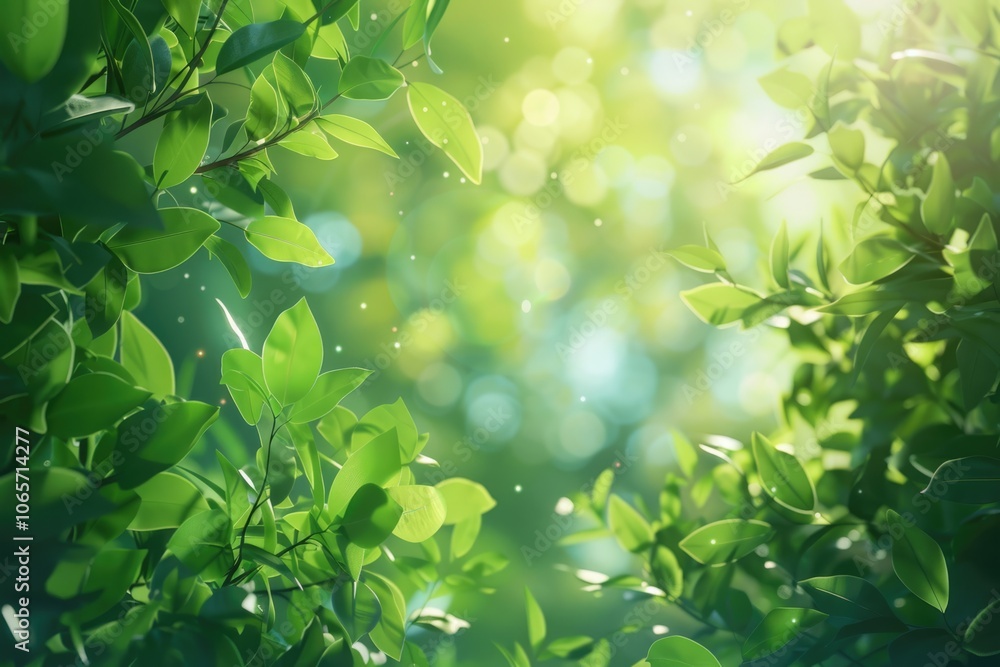 Obraz premium Fresh green bio background with blurred foliage and sunlight.