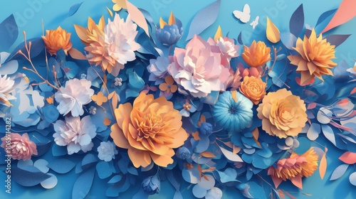 Vibrant floral arrangement featuring blue and orange blooms, showcasing a mix of textures and colors in a dynamic composition.