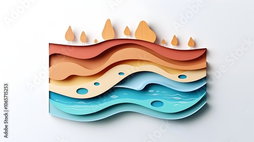 Layered paper cut style depicting the concept of water scarcity with dry cracked earth flowing waves photo