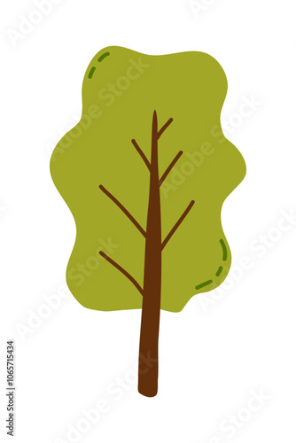 Minimalist green tree illustration with brown trunk and simplified leaves on white background.