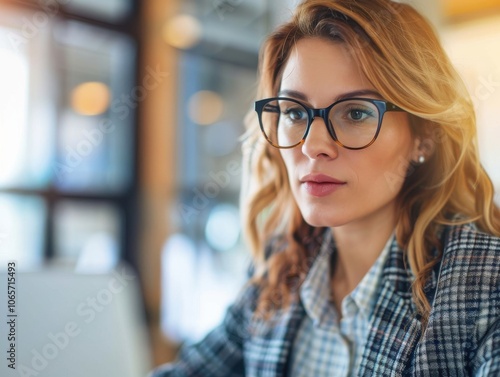 Close-up of a businesswoman analyzing data on her laptop, with a determined look photo