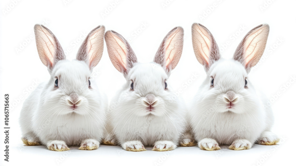 Fototapeta premium three adorable white rabbits posing together against a white background
