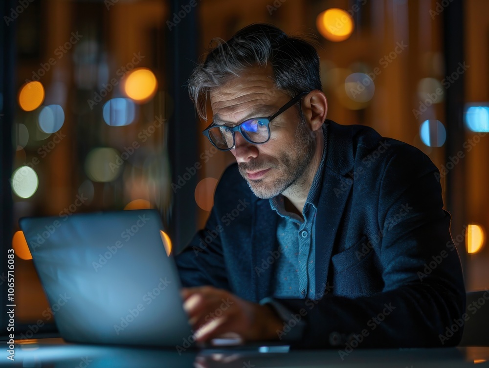 Portrait of a businessman in glasses, working on his laptop, showing concentration Portrait of a businessman in glasses, working on his laptop, showing concentration