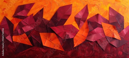 Bold Abstract Autumn Design with Geometric Leaves in Deep Maroon and Bright Orange photo