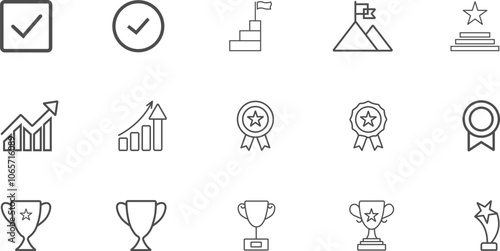 Award And Success Line Icons Set. Goals, successful business development, process editable stroke 