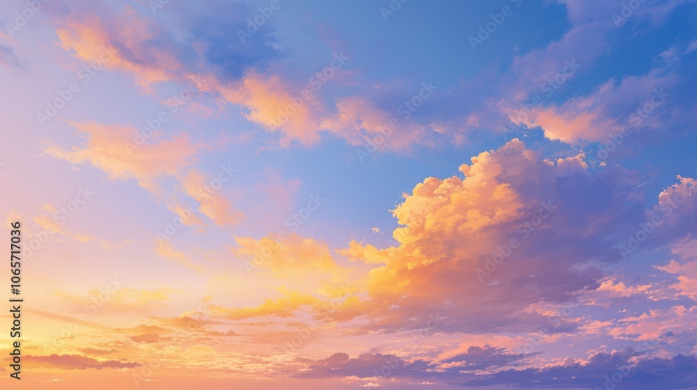Fototapeta premium Vibrant sunset sky with pastel clouds, showcasing a tranquil blend of warm and cool hues.