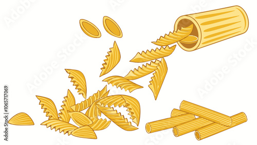 Raw Italian Pasta Variety Vector Illustration Penne and Farfalle Shapes Isolated on white background