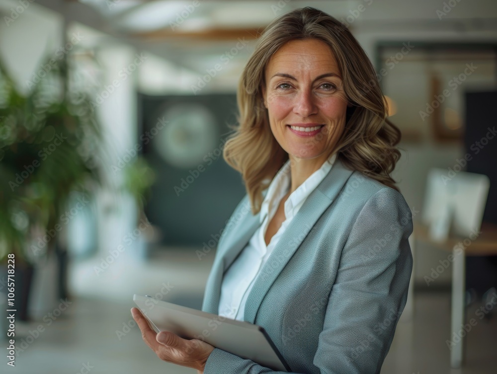 Fototapeta premium Portrait of a confident businesswoman with a tablet, smiling and ready for a presentation