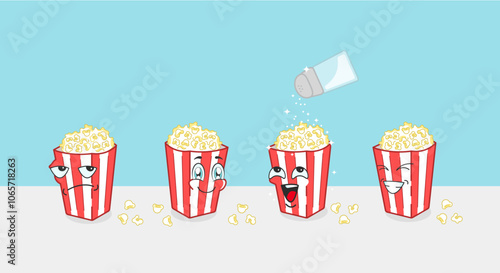 illustration of popcorn from a funny and entertaining movie in cartoon style, one popcorn accepts the salt and the others are seen with different expressions. background with space for text