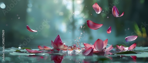 falling lotus petals that dissolve as they touch the ground, symbolizing a peaceful release photo