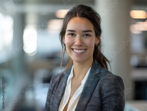 Portrait of a smiling businesswoman in a modern office, showcasing her leadership qualities