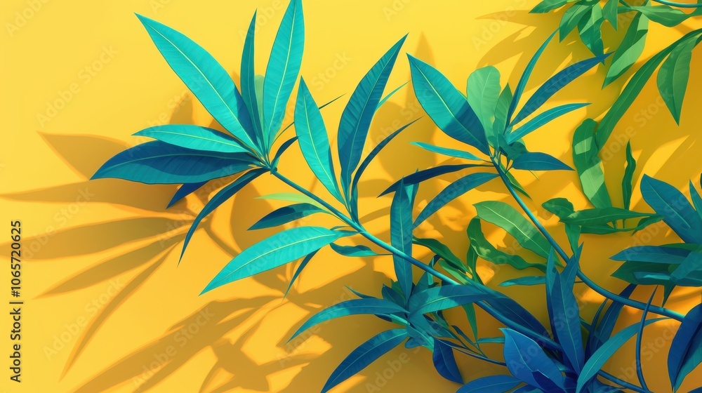 Vibrant botanical arrangement with teal leaves against a bright yellow background, creating a lively atmosphere. Vibrant botanical arrangement with teal leaves against a bright yellow background, creating a lively atmosphere.