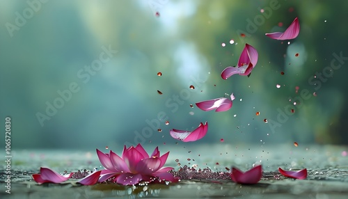 falling lotus petals that dissolve as they touch the ground, symbolizing a peaceful release photo