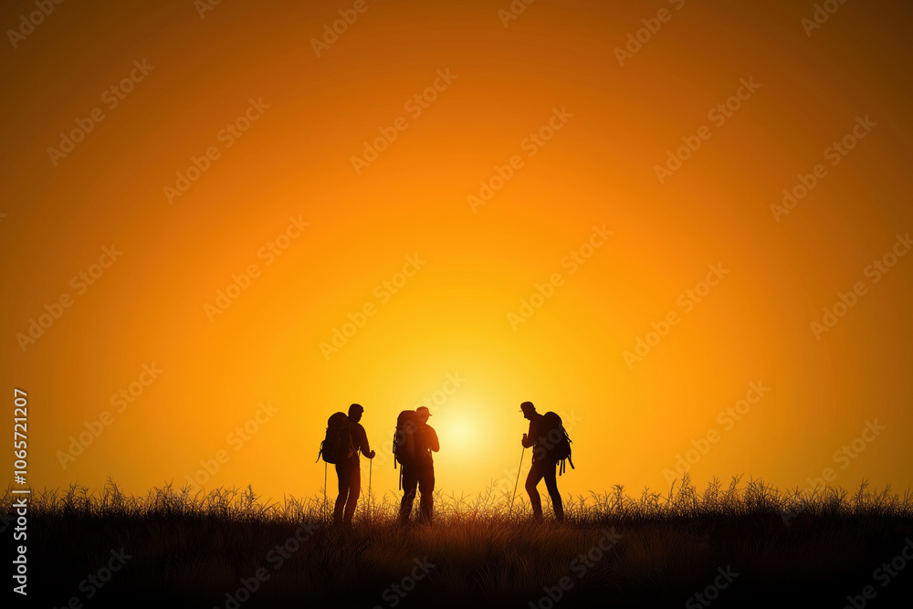 Fototapeta premium Hikers silhouette enjoying a sunset hike on a grassy landscape during golden hour