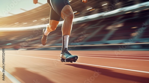 An athlete runs swiftly on a track, showcasing determination and skill while using a prosthetic leg under bright sunlight. Generative AI photo