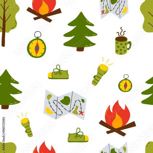 Seamless outdoor adventure pattern with camping icons and maps.