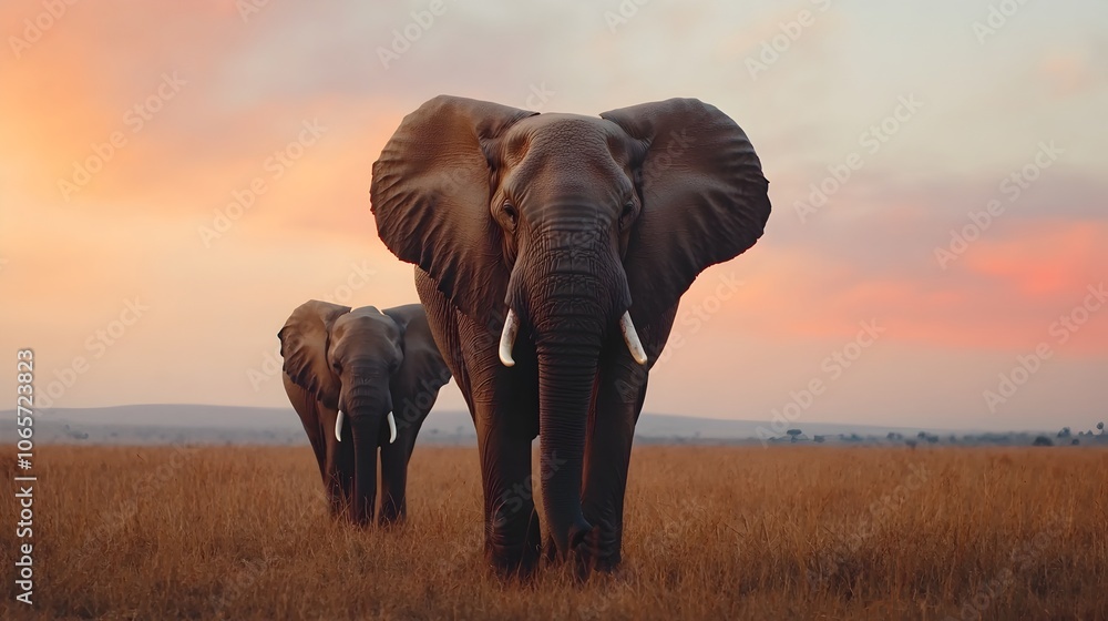 Obraz premium Majestic elephants roam freely in the vast open savanna as the sun sets creating a serene and picturesque landscape