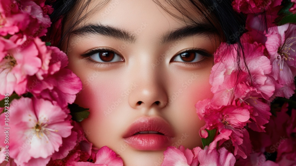 Naklejka premium 鮮やかなピンクの花と柔らかいチークのメイクに囲まれた女性のポートレート