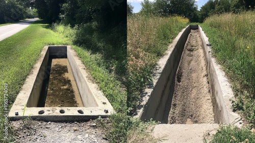 The first image shows a dirty, overgrown ditch with weeds growing out of it photo